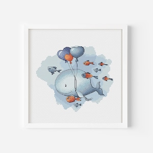 Whale Cross Stitch Pattern with Balloons and Fish Tropical Motif PDF Instant Download Digital File Under The Water Needlepoint