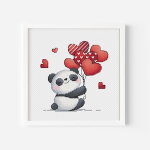 Valentine Panda Cross Stitch Patroon PDF Instant Download, Valentijnsdag Cross Stitch, Heart Balloon Cross Stitch, Kleine Cross Stitch