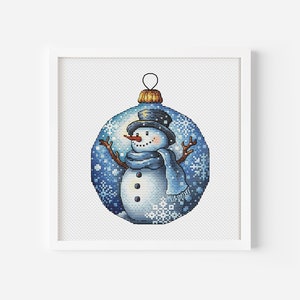Christmas Ball with Snowman Cross Stitch Pattern, Snowman Ornament Digital File Hand Embroidery Handmade Holiday Decor, Winter Needlework