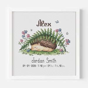 May include: A framed cross-stitch artwork featuring a sleeping hedgehog surrounded by flowers and greenery. The name "Alex" is stitched above the hedgehog, with additional text below indicating birth details: 01-01-2026, 1:10 pm, 21 in., 1 lb, 10 oz.
