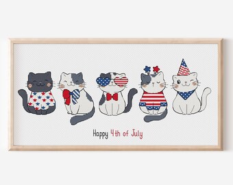 4th July Set of 5 Cats Cross Stitch Pattern PDF, Happy Independence Day Cross Stitch Decor, Kitty Cross Stitch Chart, Instant Download