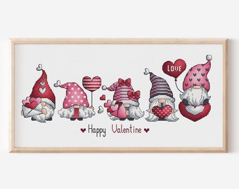 Valentine Gnomes Cross Stitch, Gnomes Hand Embroidery Design, Fairy Gnome Love Needlepoint Pattern, Digital File Instant Download PDF