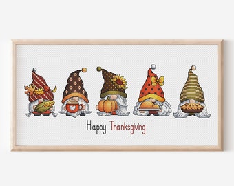 Five Autumn Gnomes Cross Stitch Pattern Fall Gnomes Autumn Gnomes Embroidery Design Thanksgiving Gnome Needlepoint Scheme Give Thanks Gnome