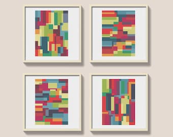 May include: Four framed abstract art prints with a geometric pattern of colorful squares and rectangles.