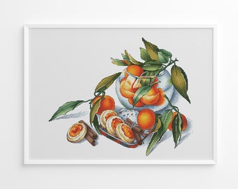 Still Life Cross Stitch Pattern PDF, Tangerine Cross Stitch, Orange Cross Stitch, Fruit Cross Stitch, Instant Download, Home Decor Wall Art