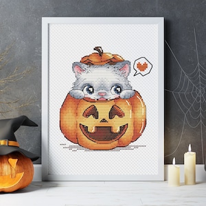 Cat and Pumpkin Cross Stitch Pattern, Halloween Cross Stitch Chart, Holiday Embroidery Design, Autumn Harvest Embroidery, Pumpkin Needlework