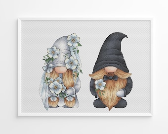 Gnomes Wedding Cross Stitch, Bride and Groom Gnomes Cross Stitch Pattern PDF, Love Cross Stitch, Wedding Gift, Instant Download Digital File