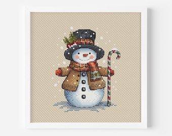 Snowman with Candy Cane Cross Stitch Pattern, Christmas Cross Stitch Digital File Hand Embroidery Holiday Decor Winter Cross Stitch Pattern