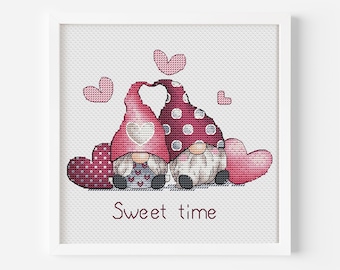 Valentine Gnomes Cross Stitch Pattern PDF, Gnome Counted Cross Stitch, Love Cross Stitch, Instant Download, Cute Gnome Valentine Day Decor