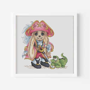 May include: A cross-stitch pattern featuring a cartoon bunny dressed as a pirate with a red and gold hat, holding a sword and standing next to a green alligator.