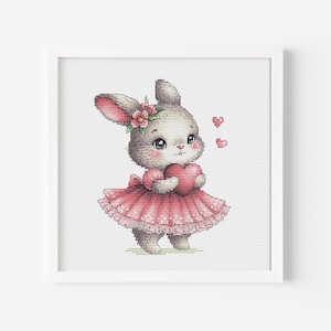 Lapin floue de la Saint-Valentin avec un grand coeur au point de croix, Cupidon lapin broderie à la main, partagez l'amour PDF fichier numérique téléchargement immédiat