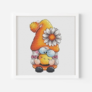 Daisy gnome meisje kruissteekpatroon, fee magisch wezen dwerg handborduurontwerp, borduursteek pdf-bestand direct downloaden