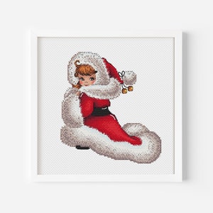 Vintage Weihnachtspostkarte Mädchen im Weihnachtsmannanzug Kreuzstichmuster, Retro Fräulein Weihnachten Handstickerei digitale Datei Mädchen Kartenbild 1950er Jahre