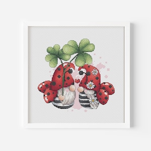 Valentine Gnomes Cross Stitch Pattern PDF, Ladybugs Couple Cross Stitch, Love Cross Stitch, Instant Download, Cute Gnome Valentine Day Decor