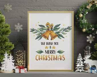 Christmas Bells, Merry Christmas Lettering Cross Stitch Pattern PDF, Christmas Ornament Cross Stitch, Christmas Embroidery, Christmas Charms