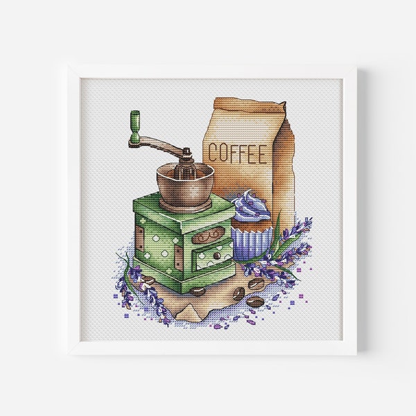 Coffee Cross Stitch Pattern PDF, Floral Coffee Grinder Counted Cross Stitch, Flower Embroidery Design, Digital Download Cute Hand Embroidery