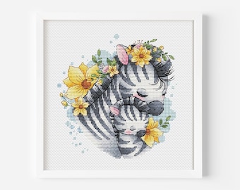 Zebra Cross Stitch Pattern, Mom and Baby Embroidery Instant Download PDF, Animal Family Needlepoint Pattern, Colorful Art DIY Stitch Chart