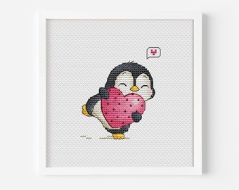 Penguin Cross Stitch Pattern PDF, Heart Cross Stitch, Valentine's Day Cross Stitch, Instant Download, Love Cross Stitch, Bird Cross Stitch