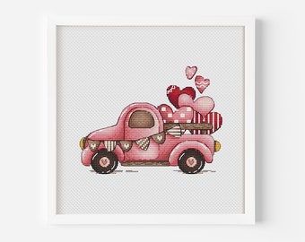 Car Cross Stitch Pattern PDF Instant Download, Love Counted Cross Stitch, Heart Cross Stitch Pattern, Garland of Flags Cross Stitch