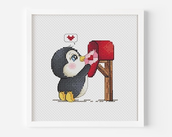 Penguin Cross Stitch Pattern Instant Download, Bird Counted Cross Stitch, Valentine's Day Cross Stitch PDF File, Cute Penguin Embroidery