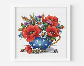 Wildflower Bouquet Cross Stitch Digital File, Flowers Cross Stitch Pattern PDF, Poppy Cross Stitch Instant Download, Tenderness Cross Stitch