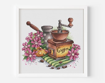 Koffie Cross Stitch patroon PDF, koffie kunst aan de muur, roze bloem hand borduurwerk, koffie minnaar cadeau Vintage koffiemolen geteld Cross Stitch
