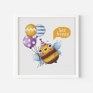 Bee Cross Stitch Pattern PDF, Hilarious Bumblebee Hand Embroidery, Insect Counted Cross Stitch, Instant Download, Balloon Bee Art, Bee Decor