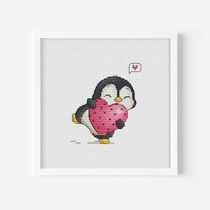 Penguin Cross Stitch Pattern PDF, Heart Cross Stitch, Valentine&#39;s Day Cross Stitch, Instant Download, Love Cross Stitch, Bird Cross Stitch