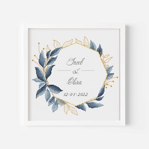 Custom Wedding Wreath Cross Stitch Pattern, Personalized Anniversary Flower Wreath, Romantic Wedding Decor, Wedding Embroidery PDF File