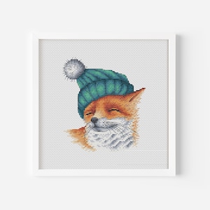 Patrón de punto de cruz de zorro en PDF, punto de cruz de animal, lindo gorro de punto de cruz contado, divertido patrón de bordado de zorro para descarga instantánea