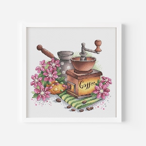 Coffee Cross Stitch Pattern PDF, Coffee Wall Art, Pink Flower Hand Embroidery, Coffee Lover Gift Vintage Coffee Grinder Counted Cross Stitch