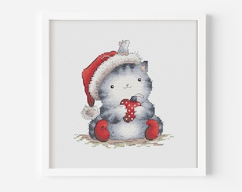 Cat Cross Stitch Pattern PDF, Nursery Counted Cross Stitch, Christmas Kitten Hand Embroidery, Funny Home Gift, Cute New Year Design Digital