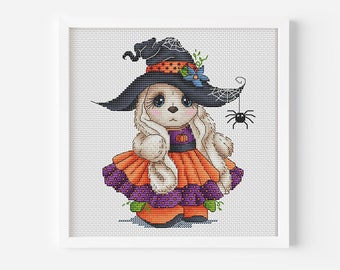 Patrón de punto de cruz de conejo de Halloween en PDF, descarga instantánea, lindo conejo de bruja, bordado a mano, archivo digital