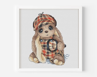 Sherlock Holmes Bunny Inspired Cross Stitch Digital File Instant Download PDF, Detective Rabbit, Characters from Movies, Police Inspector