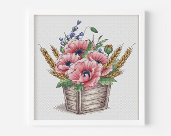 Poppies Cross Stitch Pattern PDF, Poppy Flowers Counted Cross Stitch, Floral Bouquet Hand Embroidery Design Digital File, Cute Hoop Art