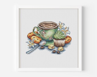 Green Coffee Cup with Marshmallow Cross Stitch Pattern PDF, Hot Chocolate Mug Cross Stitch, Coffee Beans Hand Embroidery, Coffee Lover Gift