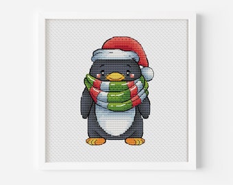 Penguin Cross Stitch Pattern PDF Santa Hat and Holiday Cheer Counted Cross Stitch Christmas Hand Embroidery DIY Christmas Craft Digital File