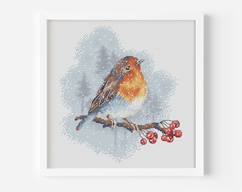 Bird Cross Stitch Pattern PDF, Robin on Rowan Counted Cross Stitch, Christmas Hand Embroidery, Instant Download Digital File Cozy Home Decor