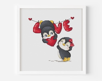 Love Cross Stitch Pattern PDF, Penguin Cross Stitch, Valentine's Day Cross Stitch, Heart Cross Stitch, Bird Cross Stitch, Instant Download