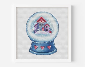 Christmas Snow Globe Cross Stitch Pattern PDF, Snow Globe Village in Snowy Stitch, Cozy Christmas Hand Embroidery Digital Pattern