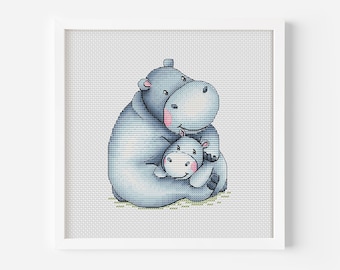 Hippo Cross Stitch Pattern PDF, Cute Hippo Family, Hippo Baby DIY Hand Embroidery Design, Nursery Counted Cross Stitch, Animal Embroidery