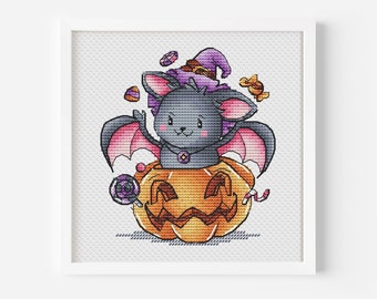 ハロウィンクロスステッチパターン カボチャのコウモリ PDF デジタルファイル 魔女のような怖いコウモリ 怖い不気味な魔法