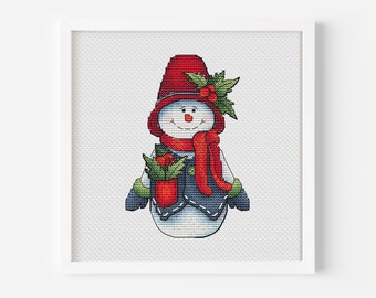 Padrão de Ponto Cruz de Boneco de Neve em PDF, Ponto Cruz Contado com Chapéu Vermelho, Bordado à Mão de Natal, Arquivo Digital em PDF para Decoração de Inverno Divertida