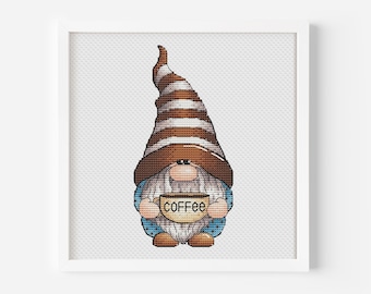Coffee Lover Gnome Cross Stitch, Polka Dot Pants Gnome Hand Embroidery, Sweet Coffee Cup Tapestry, Digital File,Instant Download PDF Pattern