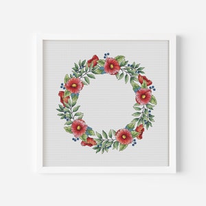 Poppy Wreath Cross Stitch Pattern PDF, Round Wreath with Flowers Counted Cross Stitch, Floral Hand Embroidery Digital File Instant Download