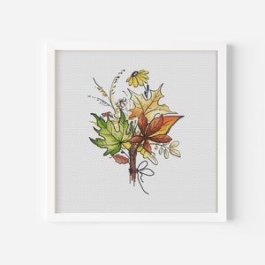 Fall Cross Stitch Pattern PDF, Flower Bouquet Counted Cross Stitch, Autumn Leaves Embroidery, Leaf Hand Embroidery Design Digital PDF File