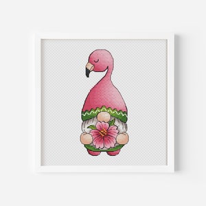 May include: A pink flamingo gnome cross-stitch pattern with a green hat and a pink flower.
