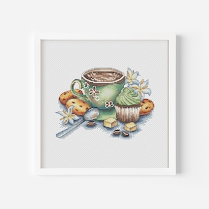 Green Coffee Cup with Marshmallow Cross Stitch Pattern PDF, Hot Chocolate Mug Cross Stitch, Coffee Beans Hand Embroidery, Coffee Lover Gift