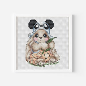 Punto de Cruz Conejo Panda, Punto de Cruz Conejito Caricatura, Punto de Cruz Animal Lindo, Regalo Baby Shower, Patrón Descarga Instantánea PDF