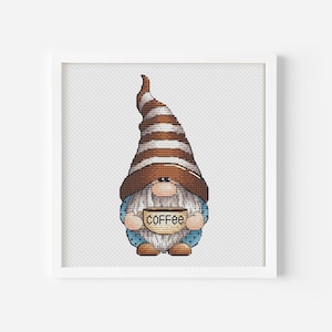 Coffee Lover Gnome Cross Stitch, Polka Dot Pants Gnome Hand Embroidery, Sweet Coffee Cup Tapestry, Digital File,Instant Download PDF Pattern